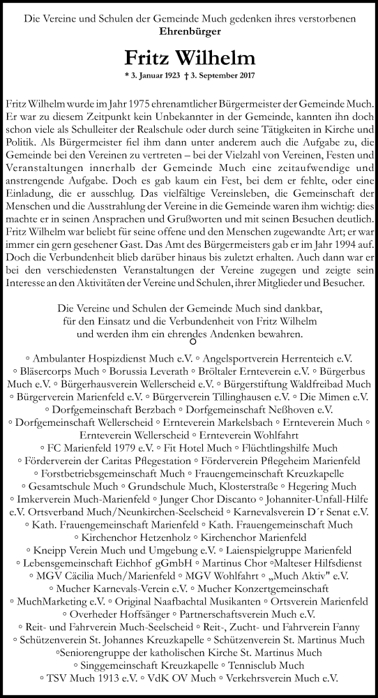  Traueranzeige für Fritz Wilhelm vom 09.09.2017 aus Kölner Stadt-Anzeiger / Kölnische Rundschau / Express