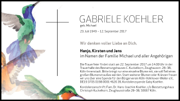 Anzeige von Gabriele Koehler von Kölner Stadt-Anzeiger / Kölnische Rundschau / Express