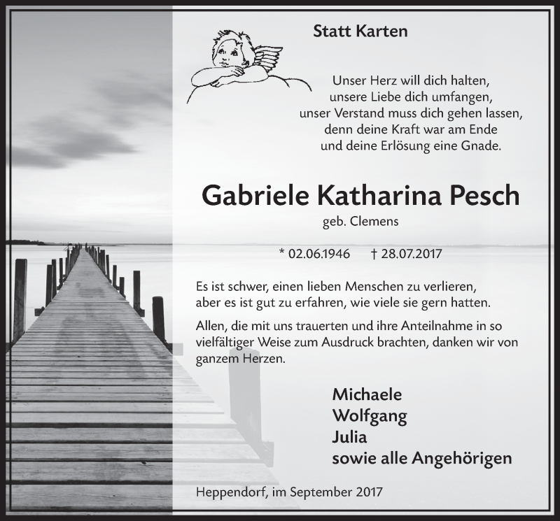  Traueranzeige für Gabriele Katharina Pesch vom 02.09.2017 aus  Sonntags-Post 