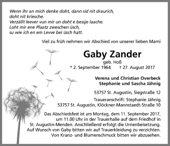 Anzeige von Gaby Zander von Kölner Stadt-Anzeiger / Kölnische Rundschau / Express