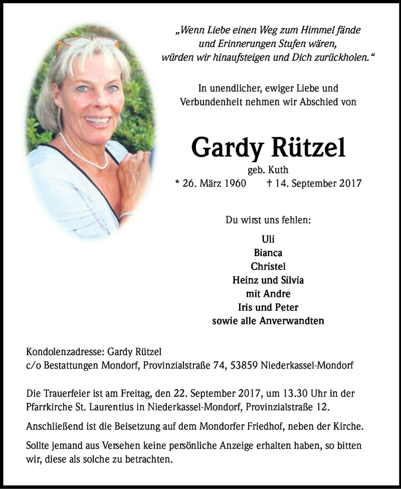  Traueranzeige für Gardy Rützel vom 20.09.2017 aus  Extra Blatt 