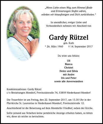 Anzeige von Gardy Rützel von Kölner Stadt-Anzeiger / Kölnische Rundschau / Express