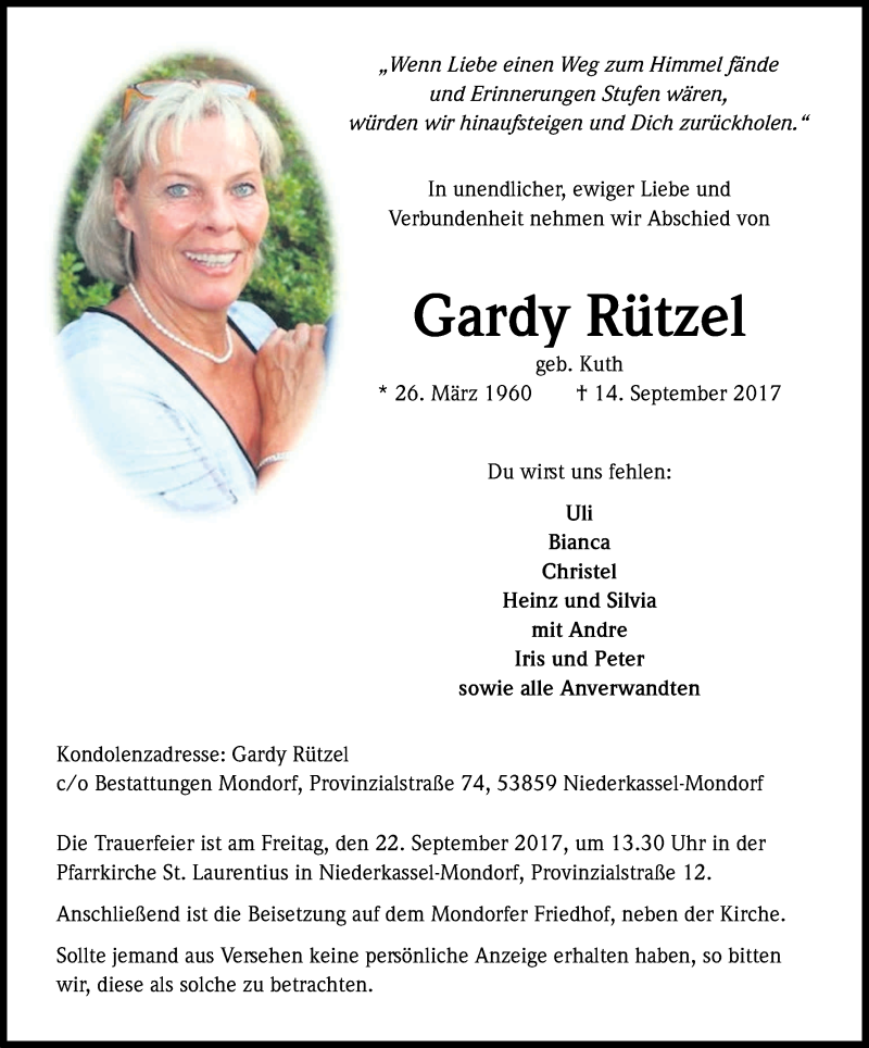  Traueranzeige für Gardy Rützel vom 19.09.2017 aus Kölner Stadt-Anzeiger / Kölnische Rundschau / Express