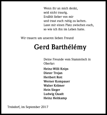 Anzeige von Gerd Barthélémy von Kölner Stadt-Anzeiger / Kölnische Rundschau / Express