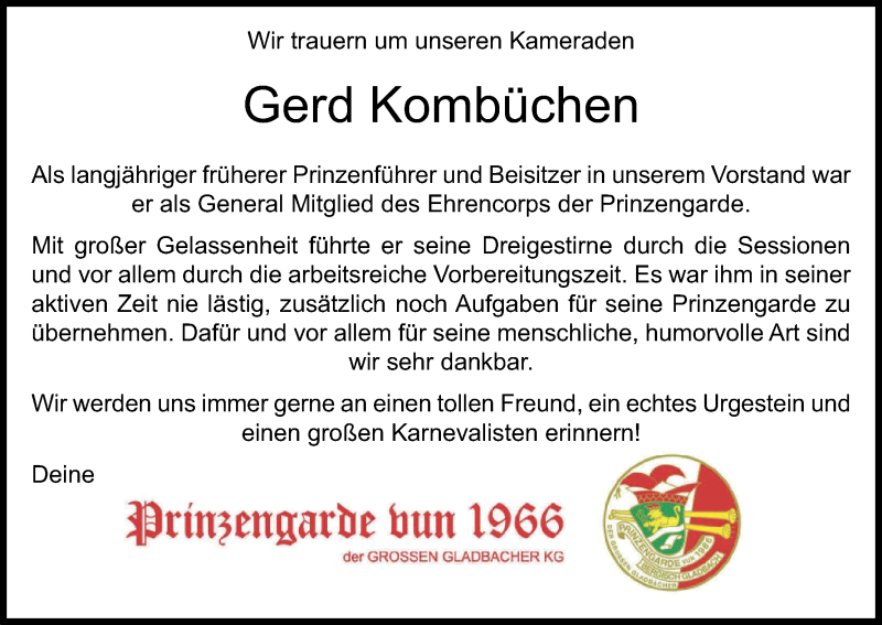  Traueranzeige für Gerd Kombüchen vom 02.09.2017 aus Kölner Stadt-Anzeiger / Kölnische Rundschau / Express
