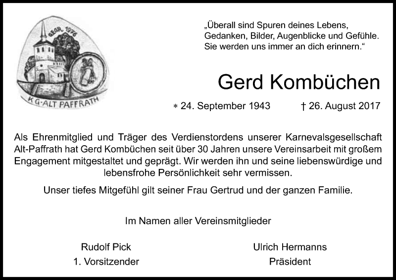  Traueranzeige für Gerd Kombüchen vom 02.09.2017 aus Kölner Stadt-Anzeiger / Kölnische Rundschau / Express