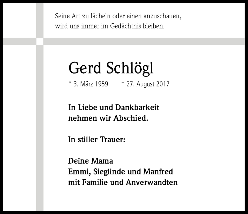  Traueranzeige für Gerd Schlögl vom 09.09.2017 aus Kölner Stadt-Anzeiger / Kölnische Rundschau / Express