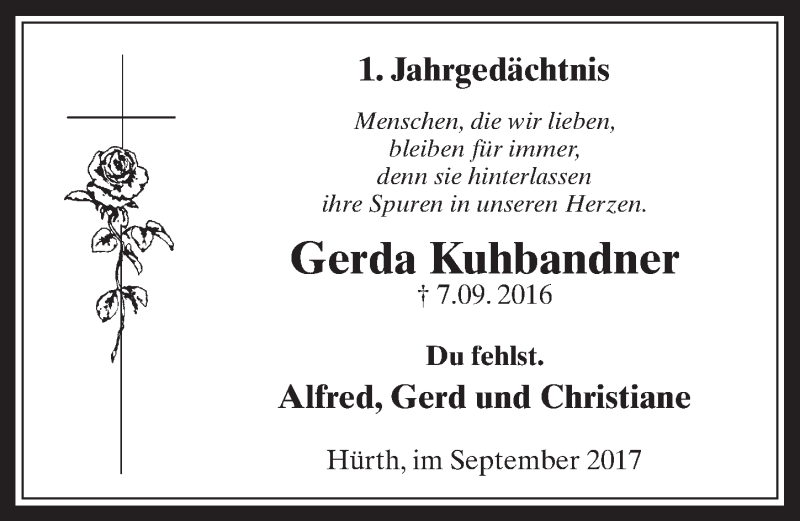  Traueranzeige für Gerda Kuhbandner vom 06.09.2017 aus  Wochenende 