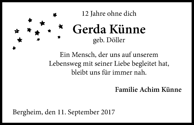  Traueranzeige für Gerda Künne vom 11.09.2017 aus Kölner Stadt-Anzeiger / Kölnische Rundschau / Express
