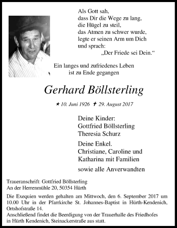 Anzeige von Gerhard Böllserling von Kölner Stadt-Anzeiger / Kölnische Rundschau / Express