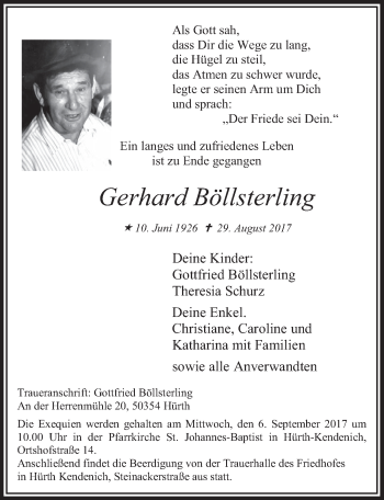 Anzeige von Gerhard Böllsterling von  Sonntags-Post 
