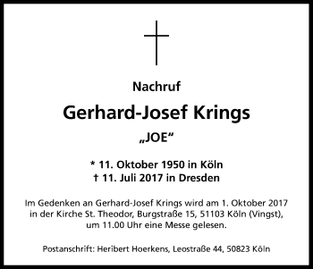 Anzeige von Gerhard-Josef Krings von Kölner Stadt-Anzeiger / Kölnische Rundschau / Express
