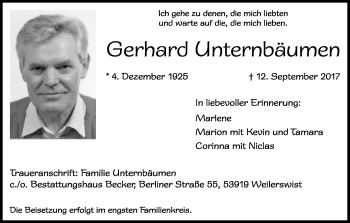 Anzeige von Gerhard Unternbäumen von Kölner Stadt-Anzeiger / Kölnische Rundschau / Express