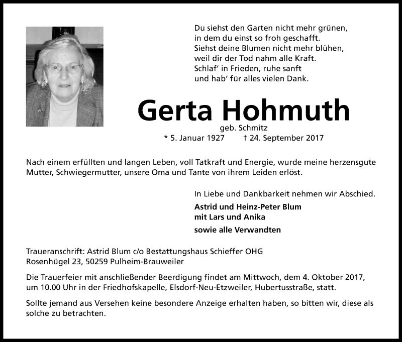  Traueranzeige für Gerta Hohmuth vom 30.09.2017 aus Kölner Stadt-Anzeiger / Kölnische Rundschau / Express