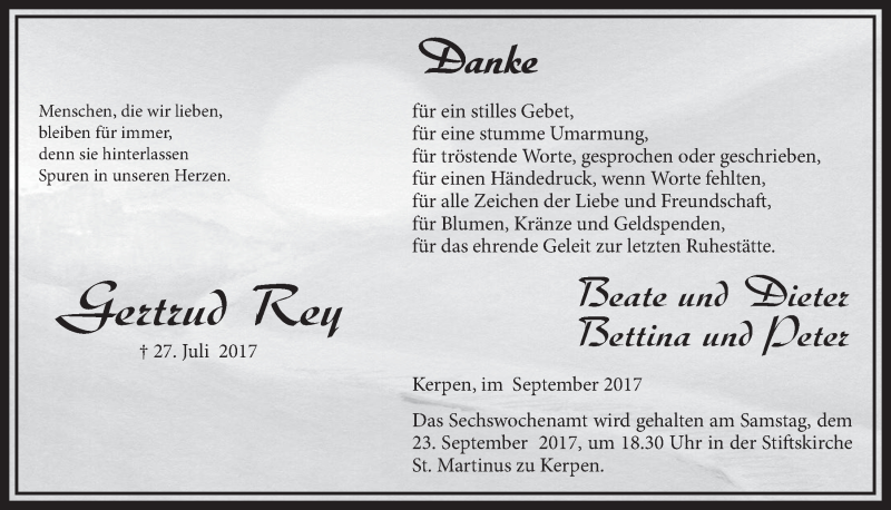  Traueranzeige für Gertraud Rey vom 16.09.2017 aus  Sonntags-Post 