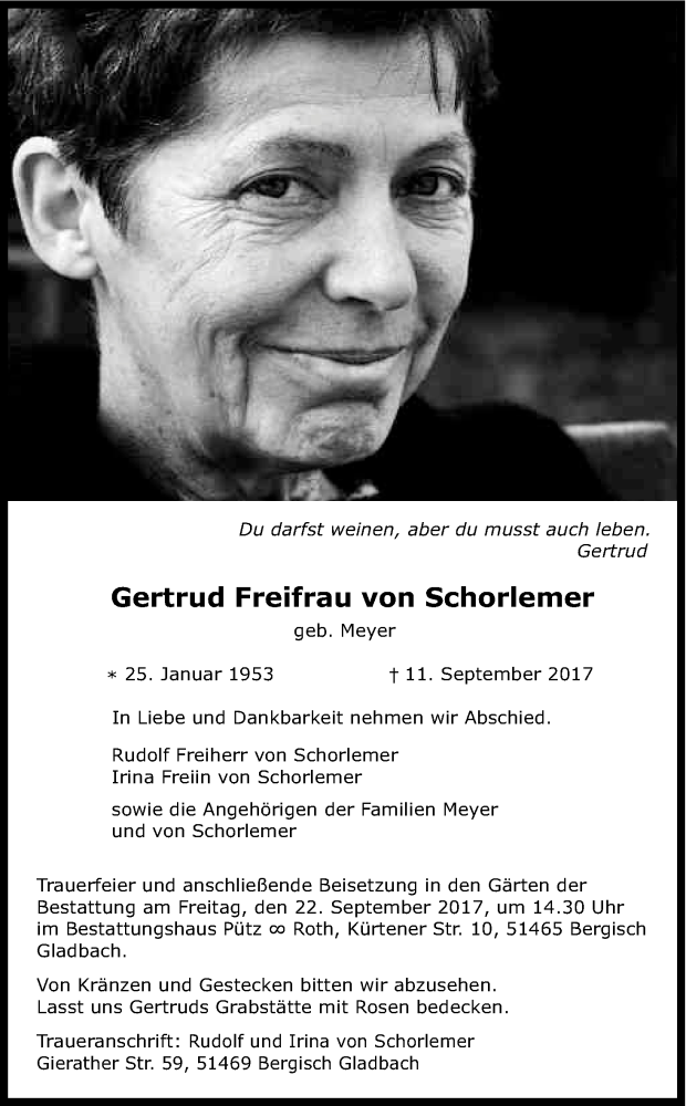  Traueranzeige für Gertrud  Freifrau von Schorlemer vom 16.09.2017 aus Kölner Stadt-Anzeiger / Kölnische Rundschau / Express