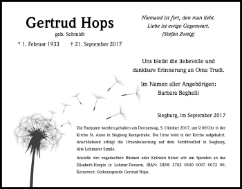 Anzeige von Gertrud Hops von Kölner Stadt-Anzeiger / Kölnische Rundschau / Express