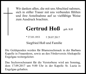 Anzeige von Gertrud Hoß von Kölner Stadt-Anzeiger / Kölnische Rundschau / Express