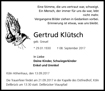 Anzeige von Gertrud Klütsch von Kölner Stadt-Anzeiger / Kölnische Rundschau / Express