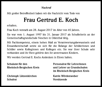 Anzeige von Gertrud Koch von Kölner Stadt-Anzeiger / Kölnische Rundschau / Express