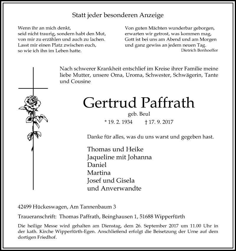  Traueranzeige für Gertrud Paffrath vom 21.09.2017 aus Kölner Stadt-Anzeiger / Kölnische Rundschau / Express