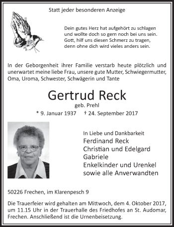 Anzeige von Gertrud Reck von  Sonntags-Post 