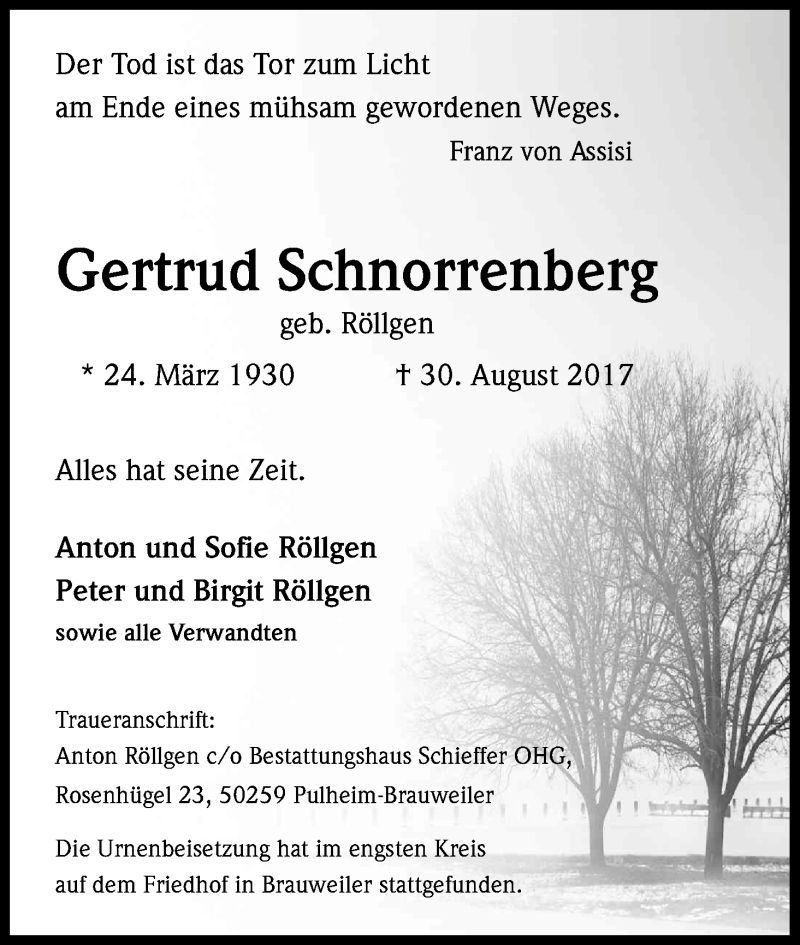  Traueranzeige für Gertrud Schnorrenberg vom 23.09.2017 aus Kölner Stadt-Anzeiger / Kölnische Rundschau / Express