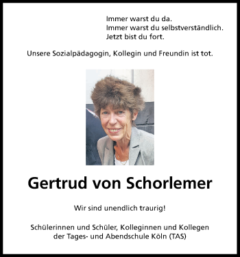 Anzeige von Gertrud von Schorlemer von Kölner Stadt-Anzeiger / Kölnische Rundschau / Express