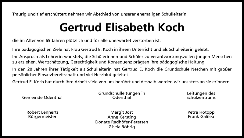  Traueranzeige für Gertrud Elisabeth Koch vom 07.09.2017 aus Kölner Stadt-Anzeiger / Kölnische Rundschau / Express