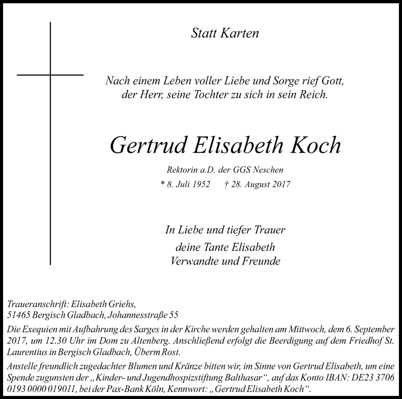  Traueranzeige für Gertrud Elisabeth Koch vom 02.09.2017 aus Kölner Stadt-Anzeiger / Kölnische Rundschau / Express