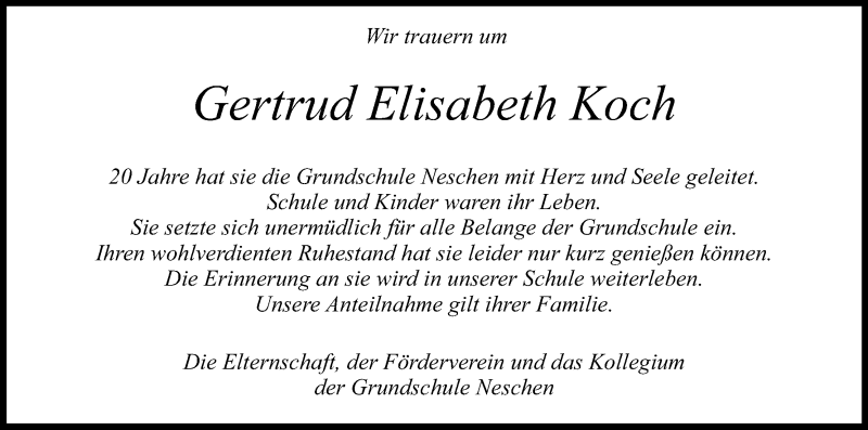  Traueranzeige für Gertrud Elisabeth Koch vom 02.09.2017 aus Kölner Stadt-Anzeiger / Kölnische Rundschau / Express