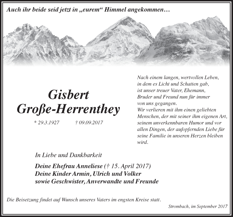  Traueranzeige für Gisbert Große-Herrenthey vom 20.09.2017 aus  Anzeigen Echo 