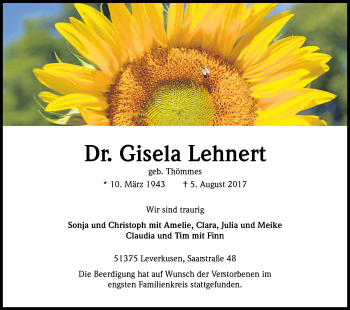 Anzeige von Gisela Lehnert von Kölner Stadt-Anzeiger / Kölnische Rundschau / Express