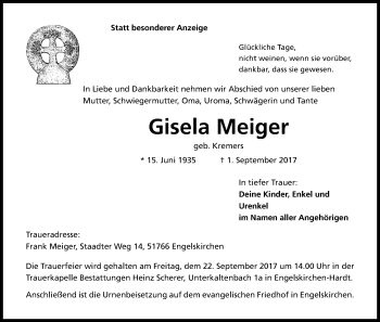 Anzeige von Gisela Meiger von Kölner Stadt-Anzeiger / Kölnische Rundschau / Express