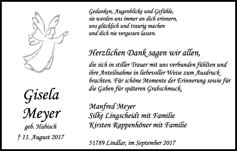  Traueranzeige für Gisela Meyer vom 09.09.2017 aus Kölner Stadt-Anzeiger / Kölnische Rundschau / Express