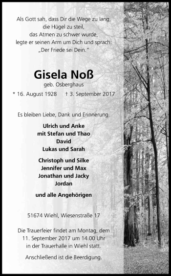 Anzeige von Gisela Noß von Kölner Stadt-Anzeiger / Kölnische Rundschau / Express
