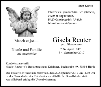 Anzeige von Gisela Reuter von Kölner Stadt-Anzeiger / Kölnische Rundschau / Express