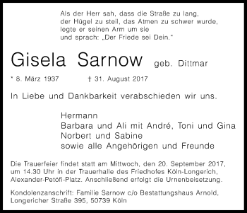 Anzeige von Gisela Sarnow von Kölner Stadt-Anzeiger / Kölnische Rundschau / Express