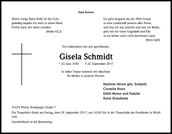 Anzeige von Gisela Schmidt von Kölner Stadt-Anzeiger / Kölnische Rundschau / Express