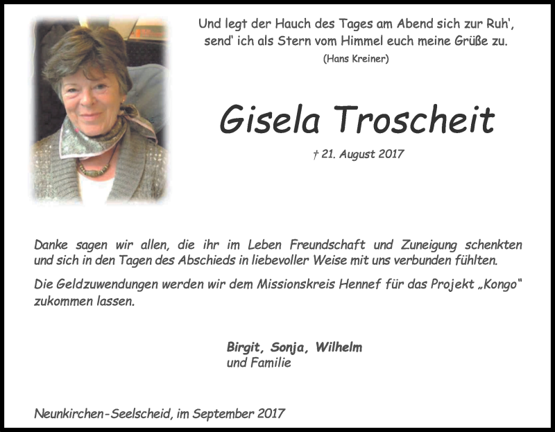  Traueranzeige für Gisela Troscheit vom 23.09.2017 aus Kölner Stadt-Anzeiger / Kölnische Rundschau / Express