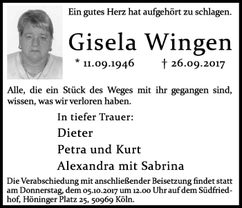 Anzeige von Gisela Wingen von Kölner Stadt-Anzeiger / Kölnische Rundschau / Express