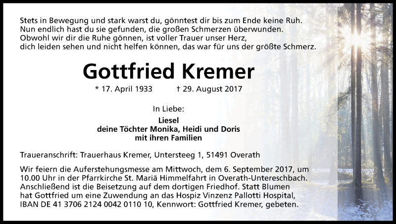  Traueranzeige für Gottfried Kremer vom 02.09.2017 aus Kölner Stadt-Anzeiger / Kölnische Rundschau / Express