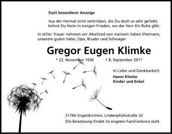 Anzeige von Gregor Eugen Klimke von Kölner Stadt-Anzeiger / Kölnische Rundschau / Express