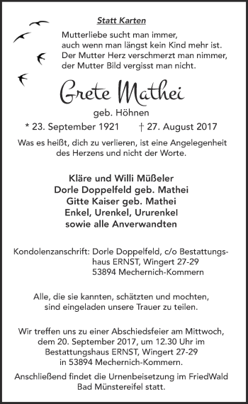 Anzeige von Grete Mathei von  Blickpunkt Euskirchen 