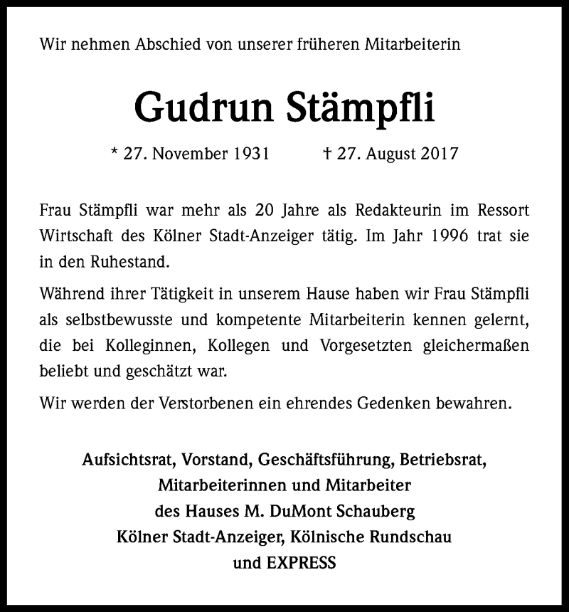  Traueranzeige für Gudrun Stämpfli vom 09.09.2017 aus Kölner Stadt-Anzeiger / Kölnische Rundschau / Express
