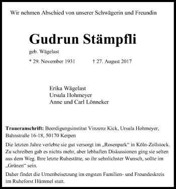 Anzeige von Gudrun Stämpfli von Kölner Stadt-Anzeiger / Kölnische Rundschau / Express