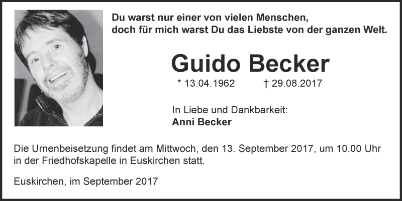  Traueranzeige für Guido Becker vom 09.09.2017 aus  Blickpunkt Euskirchen 