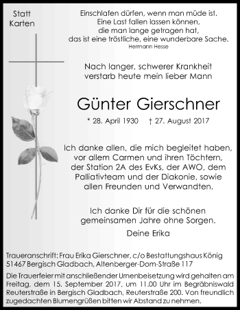 Anzeige von Günter Gierschner von Kölner Stadt-Anzeiger / Kölnische Rundschau / Express
