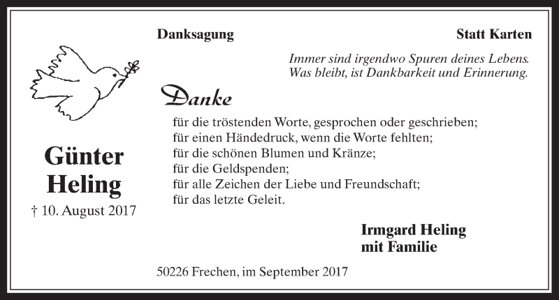  Traueranzeige für Günter Heling vom 16.09.2017 aus  Sonntags-Post 