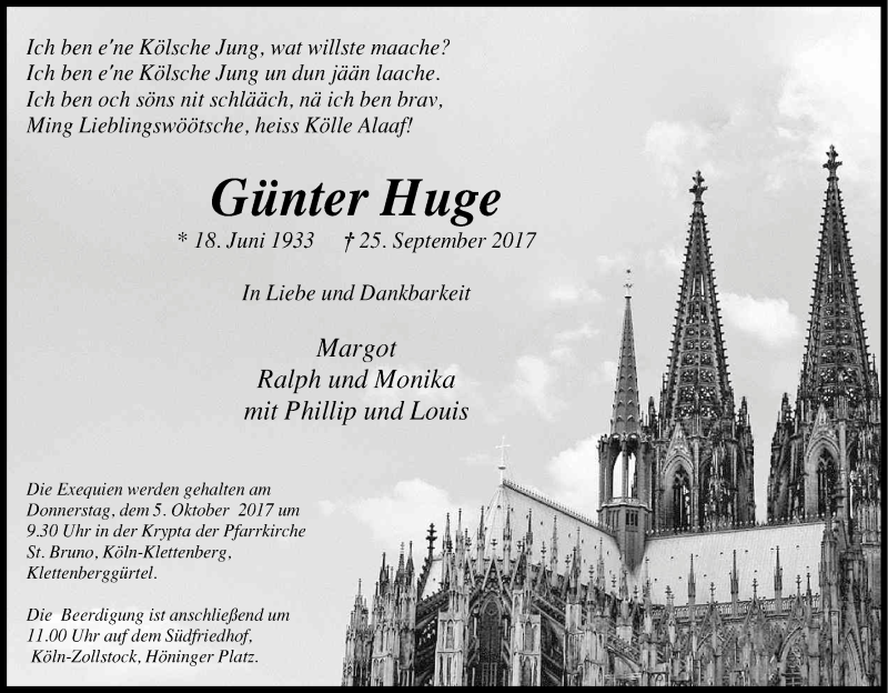  Traueranzeige für Günter Huge vom 30.09.2017 aus Kölner Stadt-Anzeiger / Kölnische Rundschau / Express